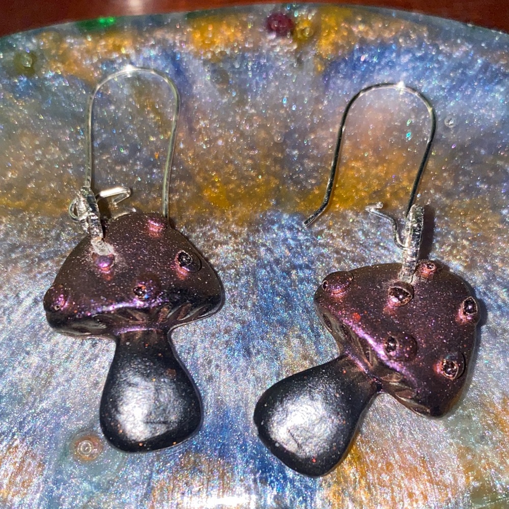 Black and Purple Mushroom Earrings